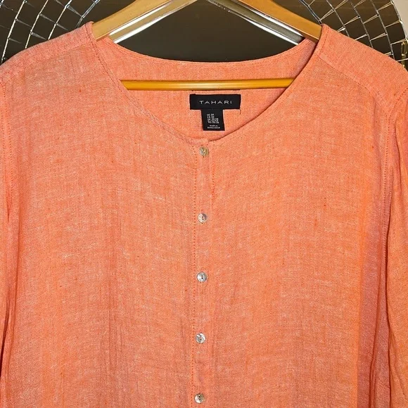 Tahari Linen Long Convertable Sleeves Lagenlook Coastal Tunic Blouse Shirt NWOT - Picture 2 of 14